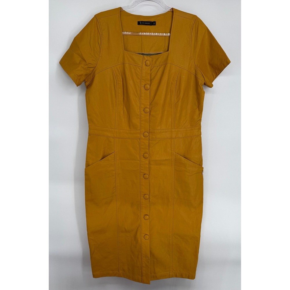 Thais Rodrigues Womens Mustard Faux Leather Button Front Sheath Dress Sz L